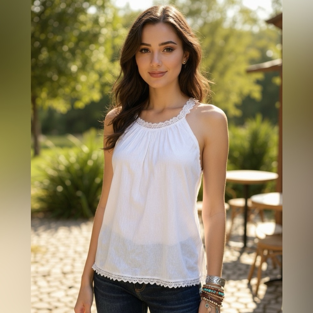 Women’s Lace Trim Halter Top with Keyhole Button Closure - S/M, New with Tags - Picture 2 of 6